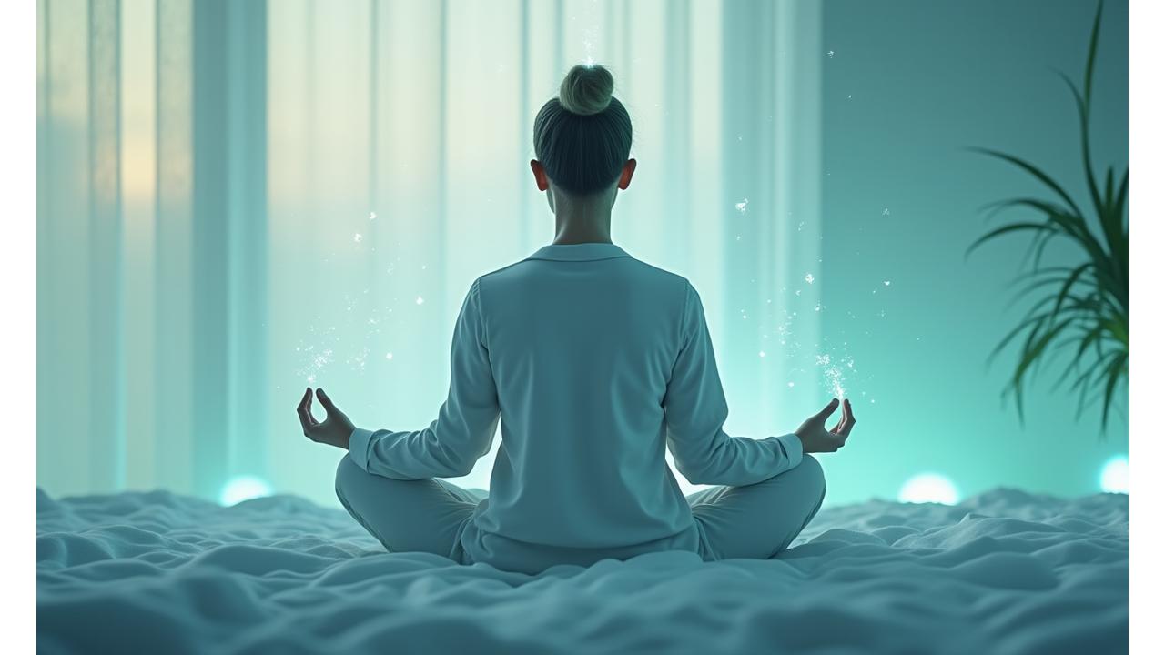 Persona meditando pacíficamente en un entorno digital sereno, con suaves tonos azules y verdes