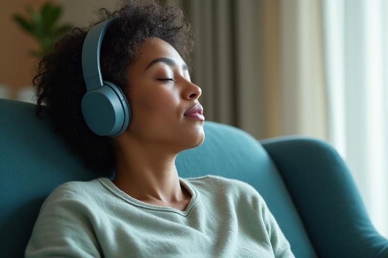 Persona escuchando una meditación guiada con auriculares, en un entorno relajante
