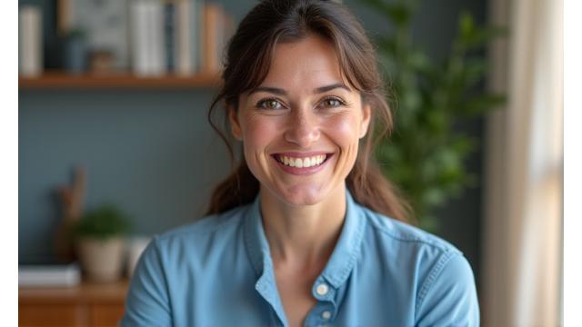 Psicólogo sonriendo mientras imparte un webinar online