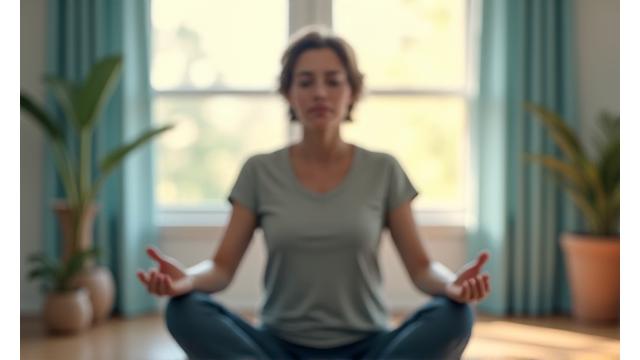 Persona practicando técnicas de respiración consciente en un entorno tranquilo con luz suave, representando la gestión del estrés.