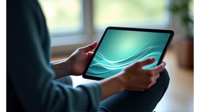 Persona meditando al atardecer con un tablet mostrando patrones de ondas cerebrales, simbolizando el mindfulness digital.