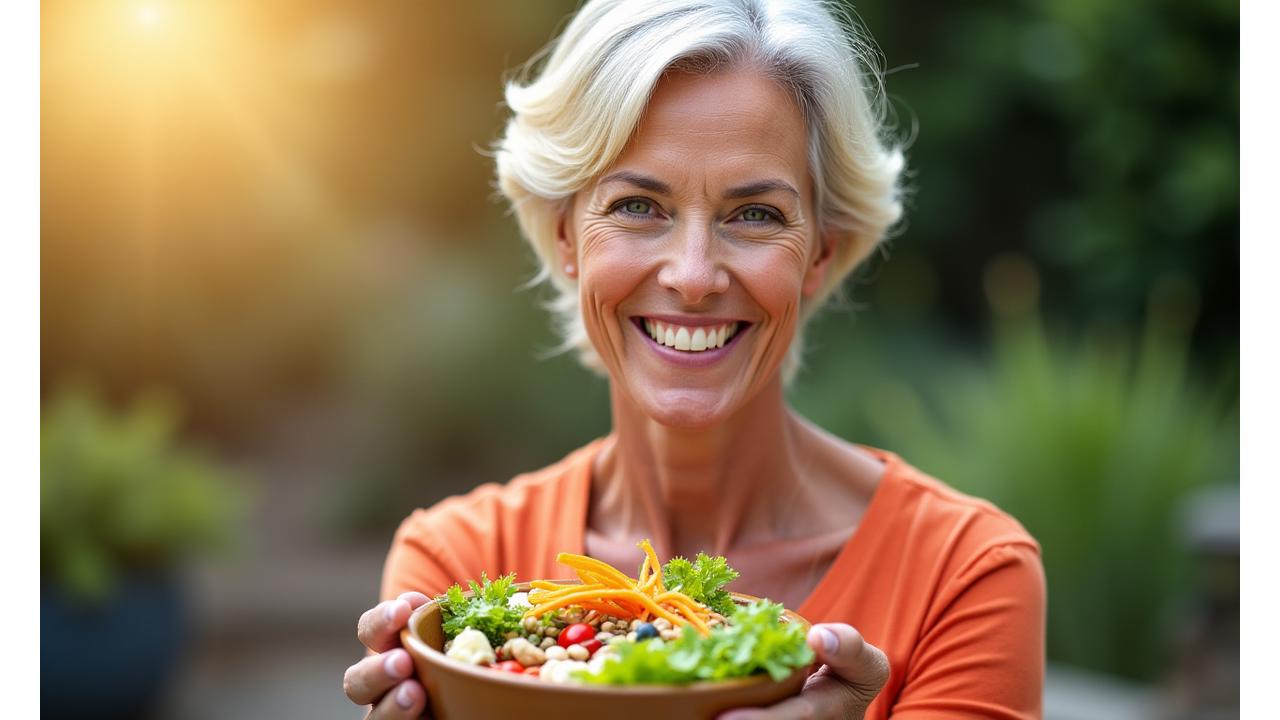 Mujer sonriente de mediana edad disfrutando de una comida nutritiva y colorida, simbolizando el bienestar y la longevidad.