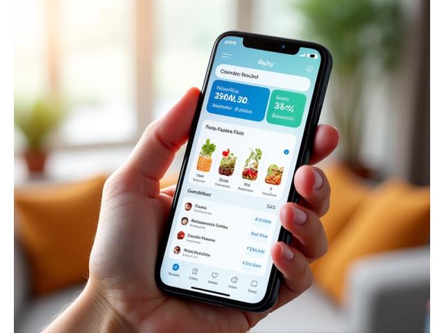 Pantalla de una aplicación móvil con un dashboard de seguimiento nutricional que muestra macros, calorías y un registro de comidas.