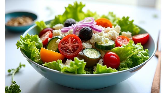Ensalada mediterránea festiva con queso feta, aceitunas, tomates cherry y pepino.
