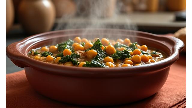 Plato de espinacas con garbanzos, típico de la cocina andaluza, bien presentado.