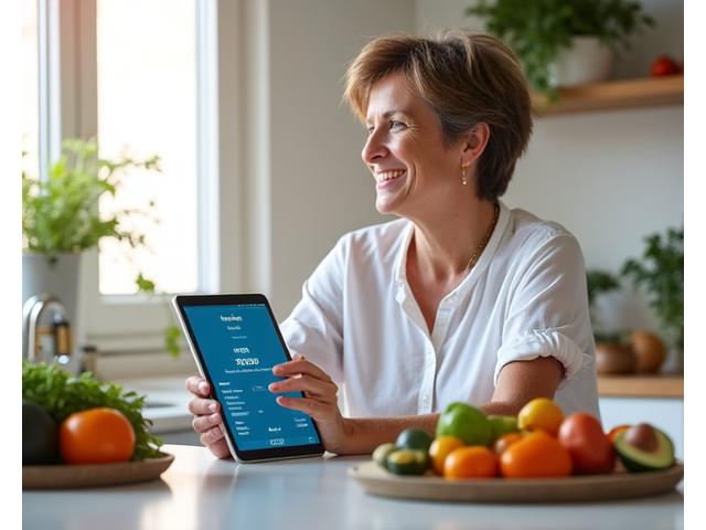 Mujer sonriente de unos 40 años estudiando una tabla nutricional personalizada en una tablet, con frutas y verduras frescas al lado.