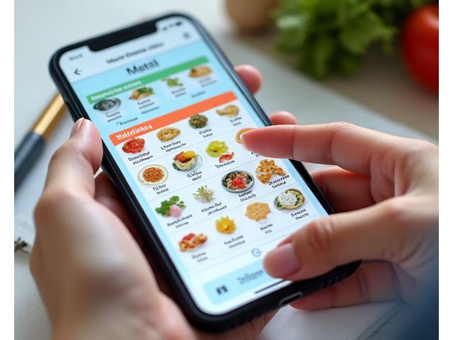 Pantalla de una aplicación móvil mostrando un planificador de comidas semanal con espacios para desayuno, almuerzo y cena, lleno de íconos de alimentos.