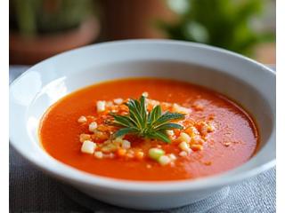 Plato de gazpacho andaluz fresco con ingredientes cortados alrededor.