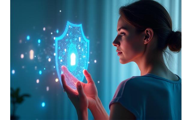 Ilustración de una persona con un escudo de privacidad, representando seguridad de datos.