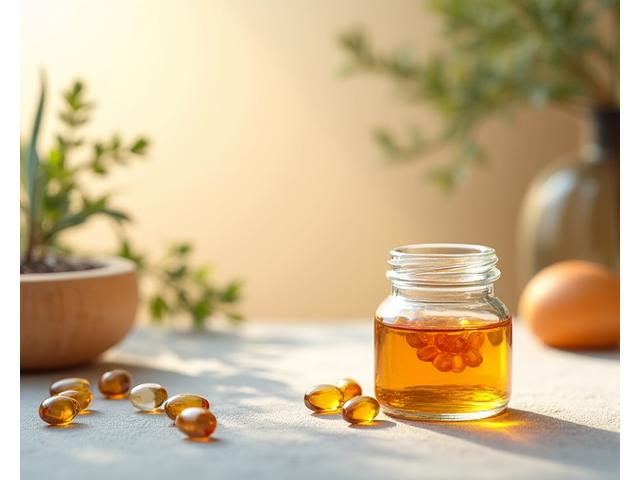 Frasco de suplementos de alta calidad con ingredientes naturales sobre una mesa de madera clara con poca luz ambiental.