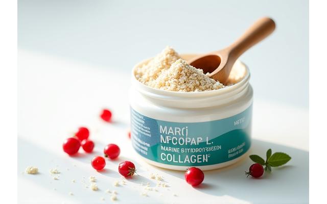 Polvo de colágeno hidrolizado en un envase ecológico, con una cuchara de madera y bayas rojas.