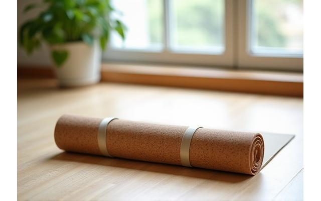 Esterilla de yoga ecológica de corcho y caucho, enrollada con una correa de transporte, en un estudio de yoga luminoso.