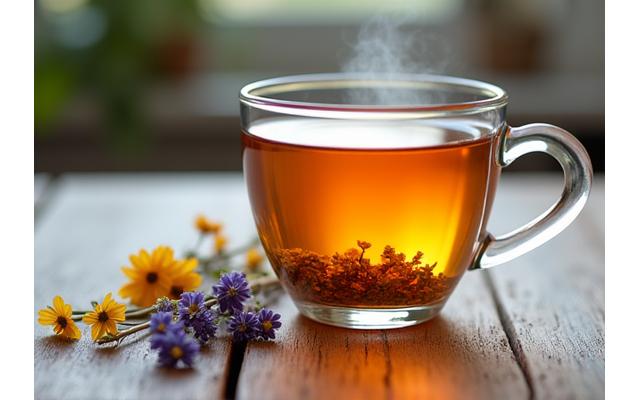 Taza de infusión relajante con hierbas secas de manzanilla y lavanda en una mesa rústica.