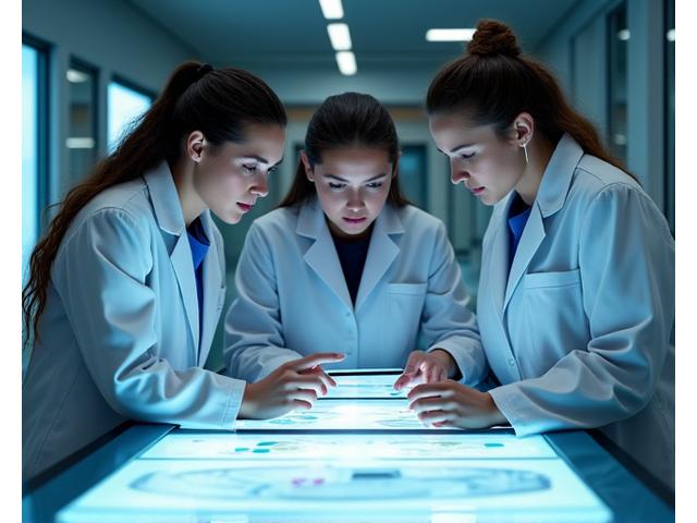 Equipo de profesionales de la salud analizando datos y componentes de productos en un laboratorio moderno y luminoso.