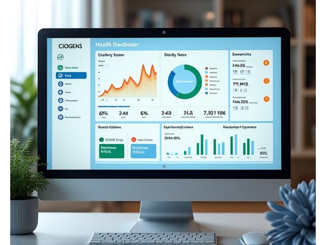 Render de un dashboard de salud digital mostrando gráficos y métricas como pasos, sueño y frecuencia cardíaca.