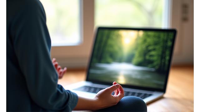 Taller de Mindfulness con persona meditando frente a una pantalla de ordenador y naturaleza