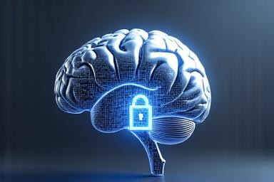 Un ícono abstracto que simboliza derechos de autor y propiedad intelectual, como un cerebro con un candado o un escudo con una pluma, en colores vibrantes de la paleta de Gaviota Plena.